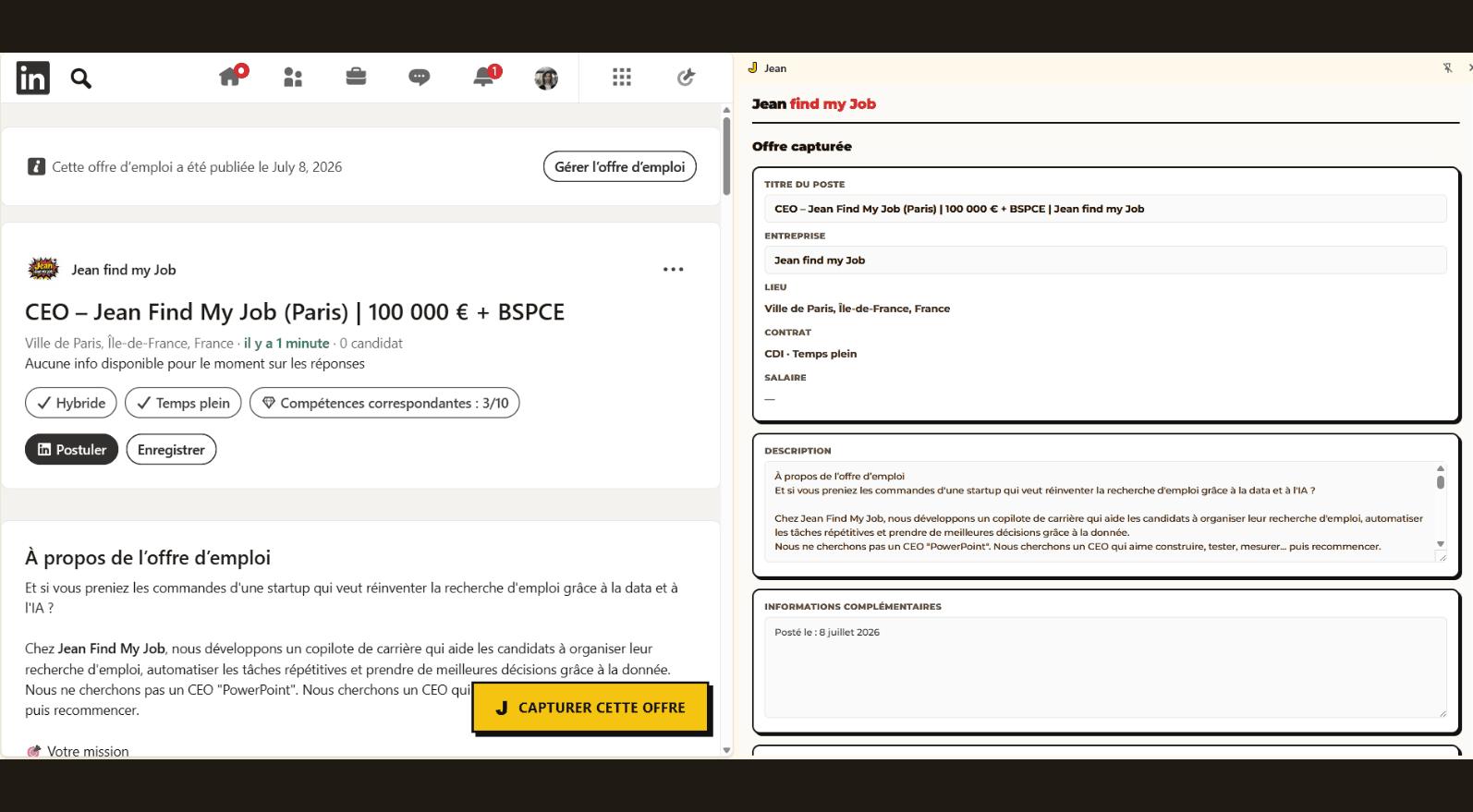 Extension Chrome Jean find my Job — capture d'une offre