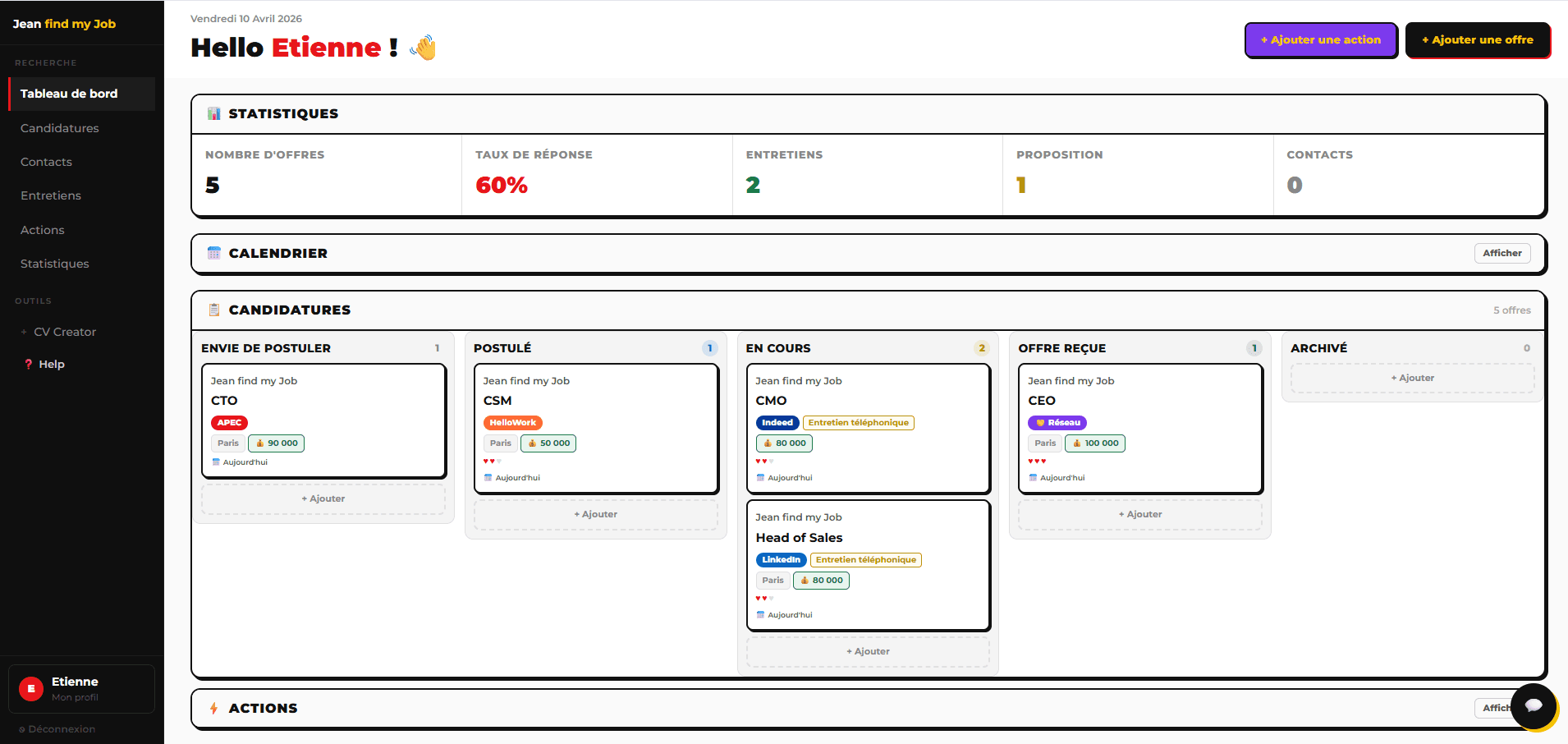 Tableau de bord kanban Jean find my Job